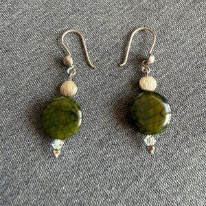 Green Stone Crystal Drop Earrings Silver Toned Accents